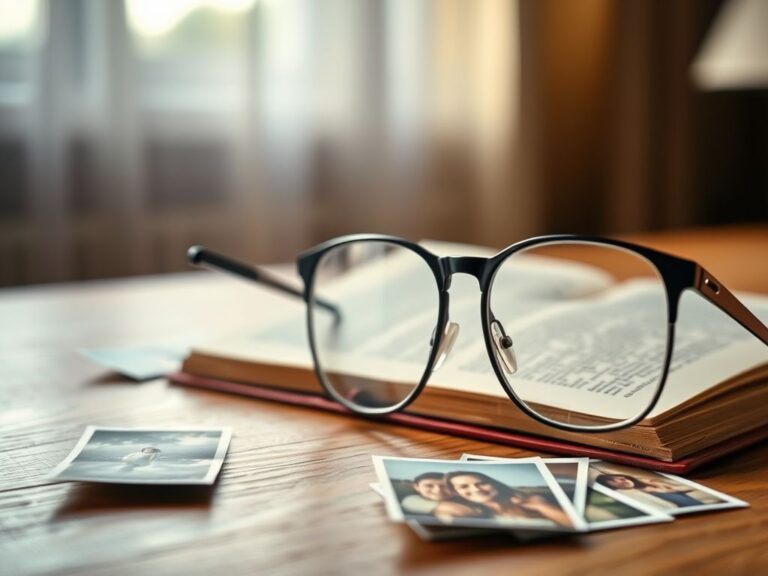 Flick International Close-up of abandoned reading glasses on a wooden table with blurred book in the background