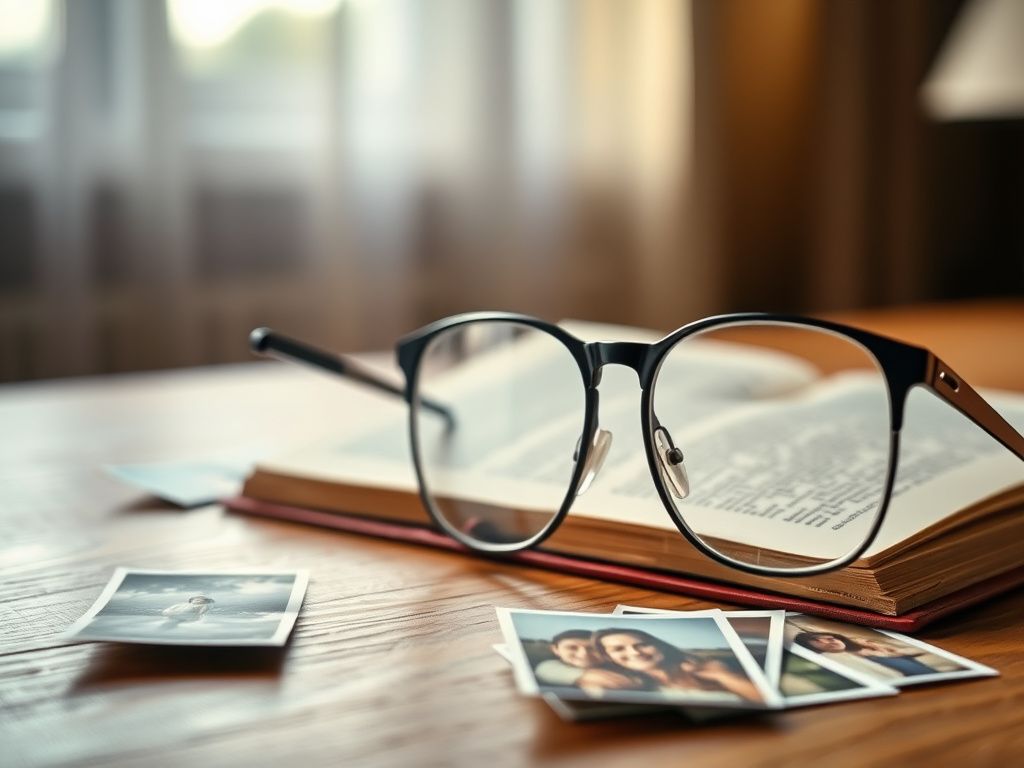Flick International Close-up of abandoned reading glasses on a wooden table with blurred book in the background