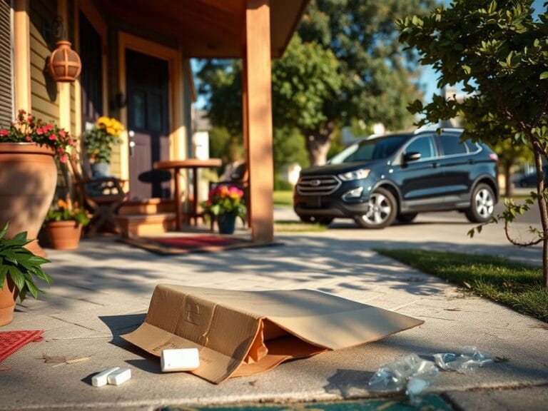 Flick International Suburban front porch scene with a discarded package and a parked black Ford Escape