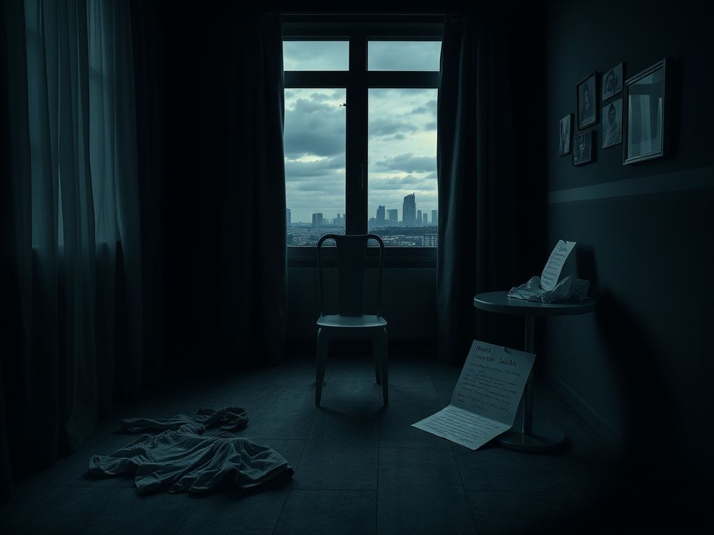 Flick International A dimly lit room symbolizing isolation and despair, featuring children's clothes on the floor and a closed door.