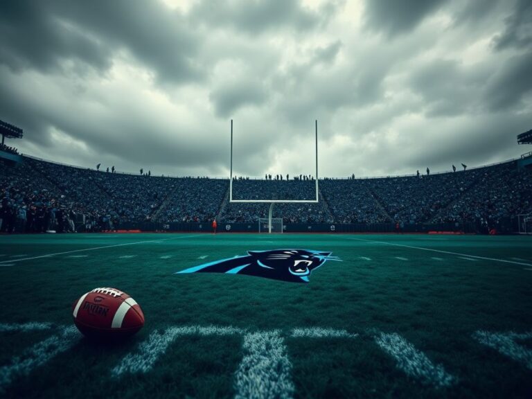 Flick International Dramatic scene of a football field with the Carolina Panthers logo under overcast skies