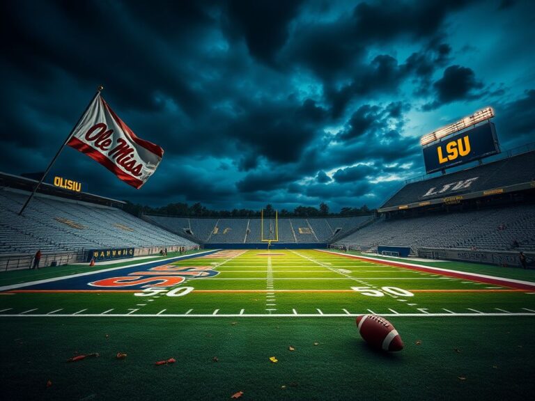 Flick International A dramatic football stadium scene at twilight with Ole Miss and LSU branding