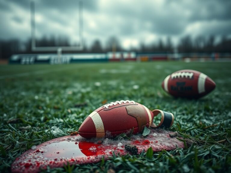 Flick International Close-up of blood-stained grass on football field after hit