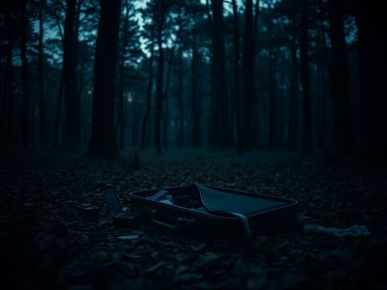 Flick International Abandoned suitcase in a forest symbolizing a beauty influencer's tragic fate
