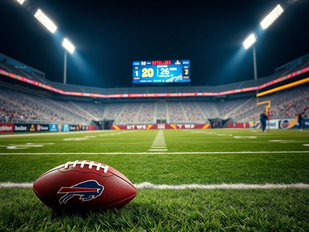 Flick International A football resting on the turf in a stadium after a Bills victory.