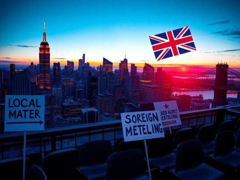 Flick International Panoramic view of New York City skyline at dusk with protest signs in the foreground