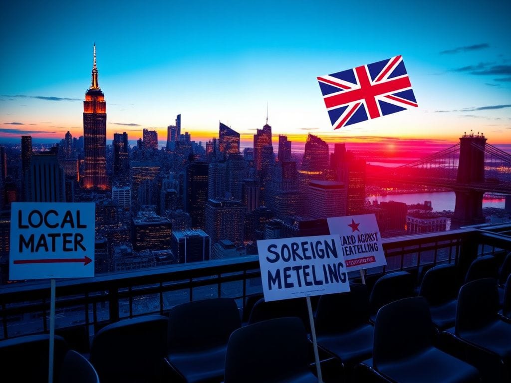 Flick International Panoramic view of New York City skyline at dusk with protest signs in the foreground