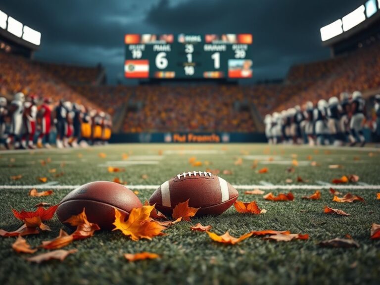 Flick International An NFL football resting on the field surrounded by autumn leaves near the 50-yard line.