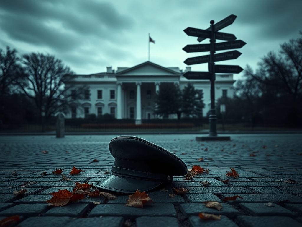 Flick International Abandoned military hat on cobblestone street symbolizing loss and tragedy in front of White House