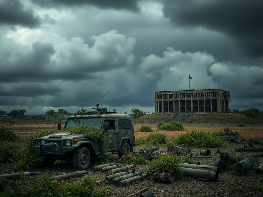 Flick International A stormy sky over a desolate Venezuelan landscape with a rusted military vehicle