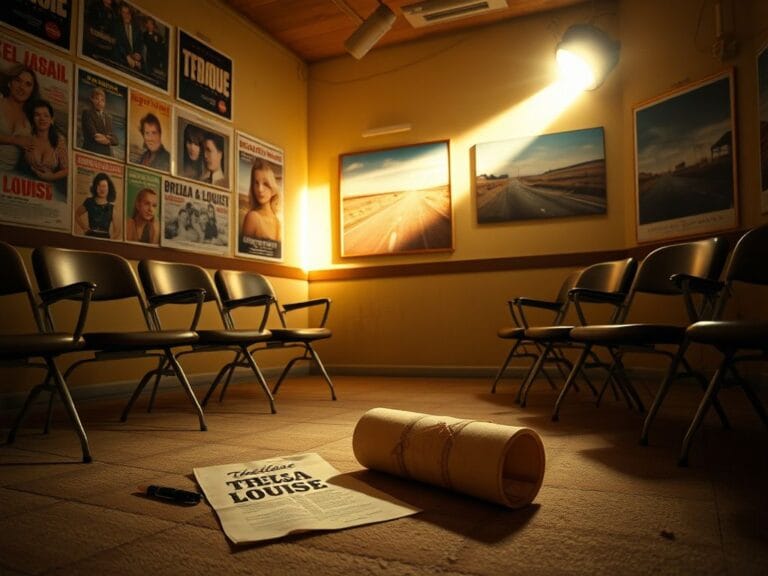 Flick International A dusty Hollywood audition room with vintage movie posters showcasing 'Thelma & Louise'.