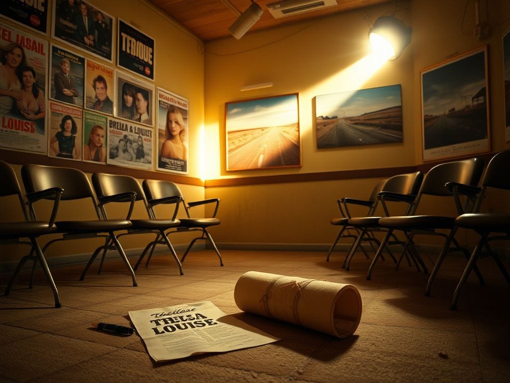 Flick International A dusty Hollywood audition room with vintage movie posters showcasing 'Thelma & Louise'.