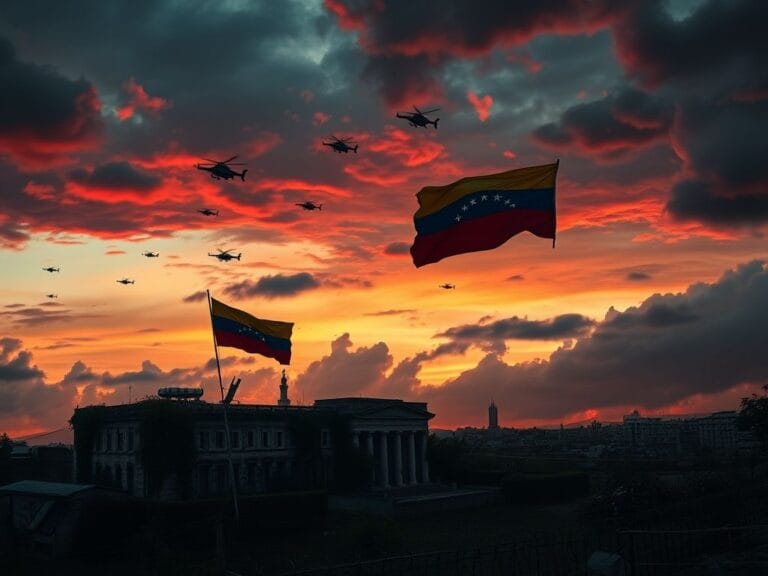 Flick International Dramatic dusk landscape of the Venezuelan skyline with dark clouds and a crumbling government building