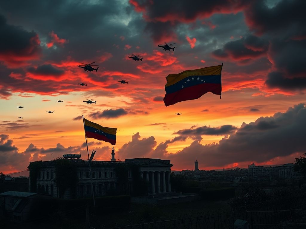 Flick International Dramatic dusk landscape of the Venezuelan skyline with dark clouds and a crumbling government building