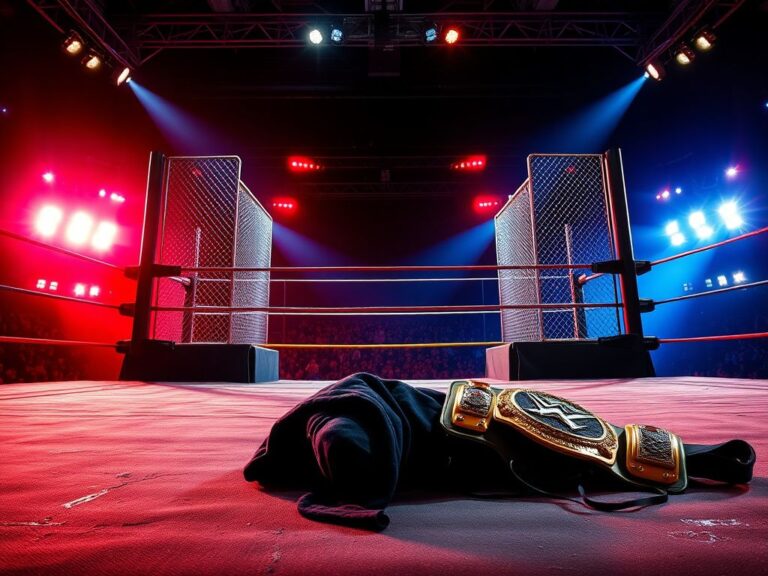 Flick International Abandoned black hoodie and mask on the wrestling ring mat, symbolizing the mystery attack during WarGames