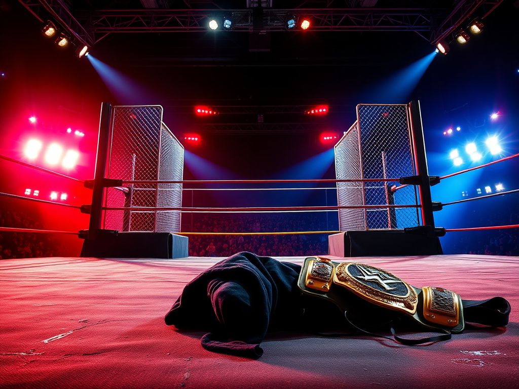 Flick International Abandoned black hoodie and mask on the wrestling ring mat, symbolizing the mystery attack during WarGames
