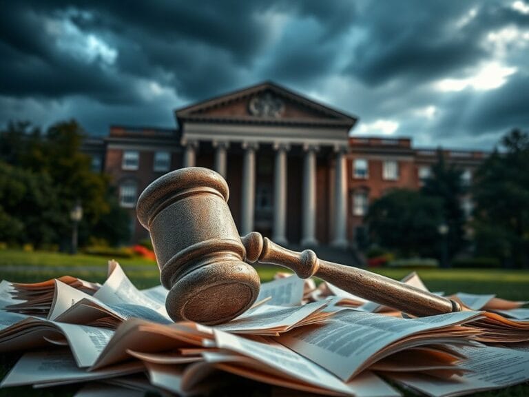 Flick International Dramatic scene of a university campus with a stone gavel and academic papers symbolizing free speech and authority