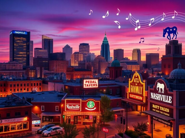 Flick International Nashville city skyline at dusk with pedal taverns and music symbols