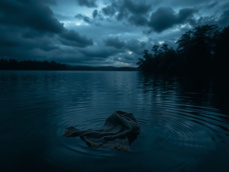 Flick International A serene lakeside scene with a partially submerged headscarf representing lost identity and conflict.