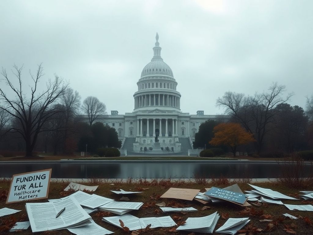 Flick International somber depiction of the U.S. Capitol building shrouded in gray fog