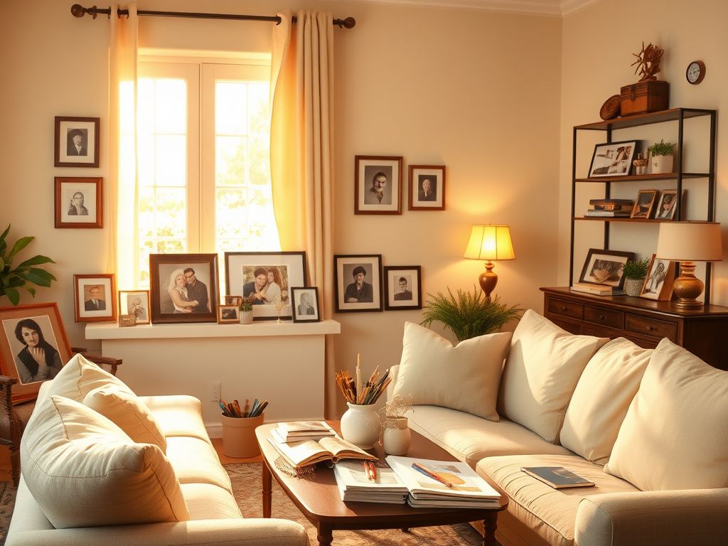 Flick International Cozy living room showcasing a nurturing atmosphere with art supplies and family photos