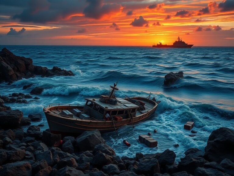 Flick International Partially submerged drug smuggling boat on a rugged shoreline during sunset