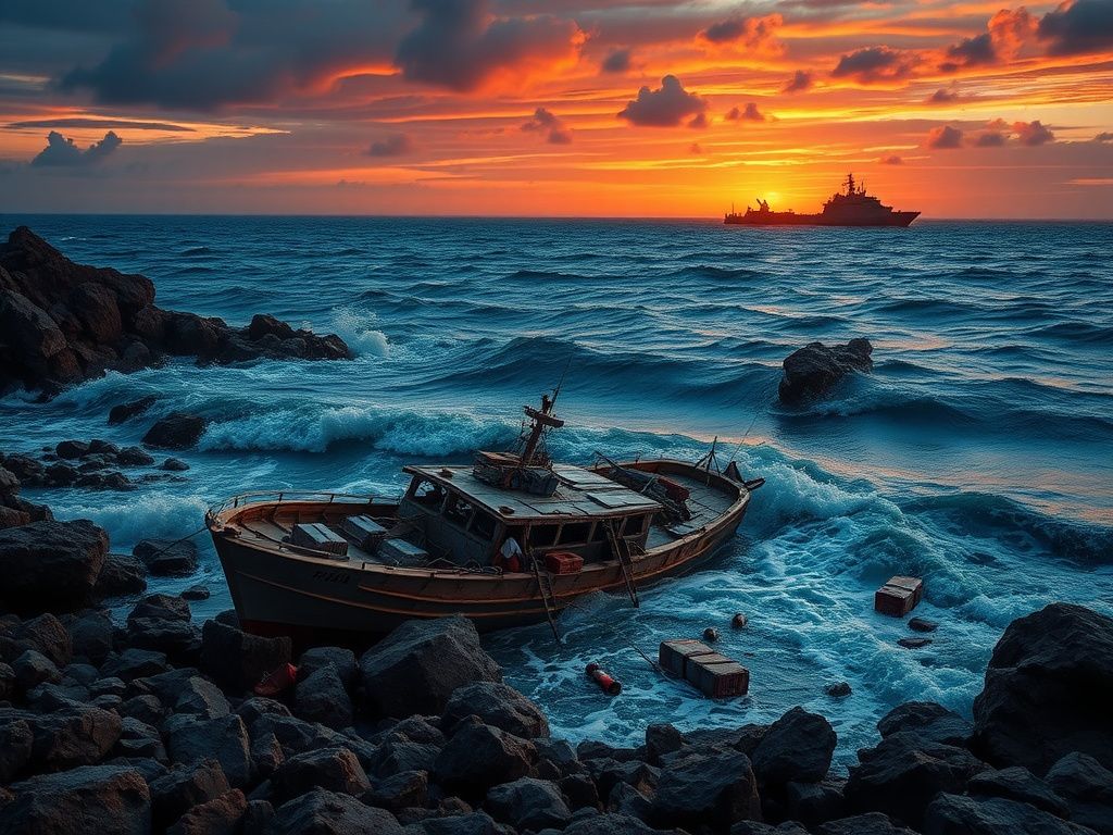 Flick International Partially submerged drug smuggling boat on a rugged shoreline during sunset