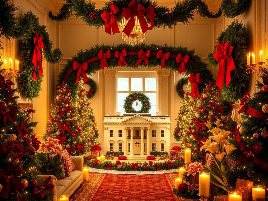 Flick International Beautifully decorated entryway of the White House for Christmas, featuring garlands, wreaths, and festive decor.