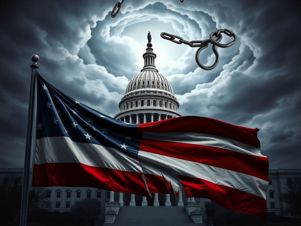 Flick International A stylized depiction of the U.S. Capitol building under a stormy sky with a cracked American flag