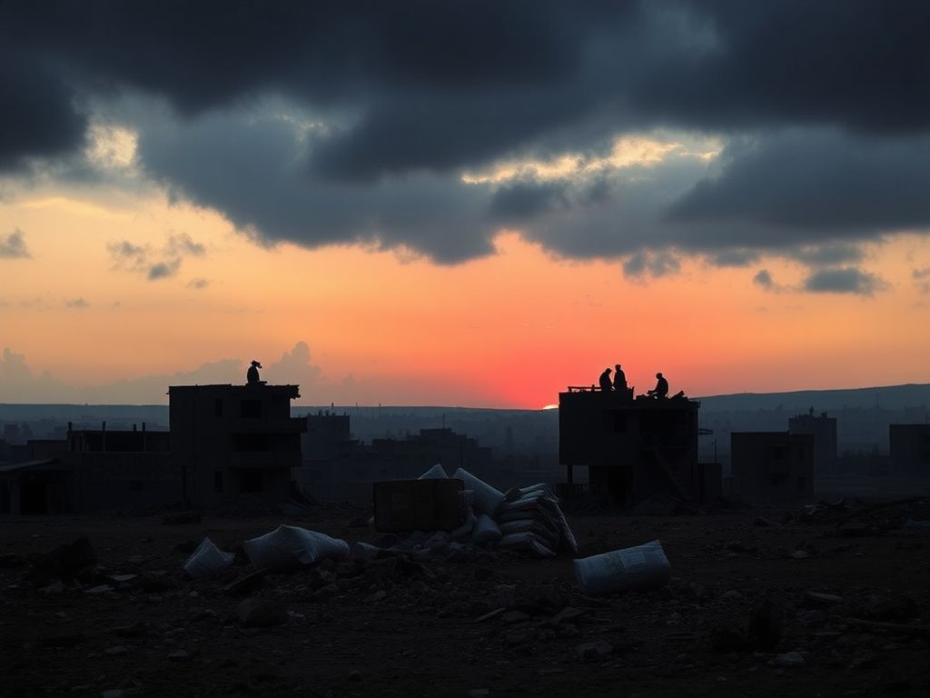 Flick International Desolate landscape of Gaza with crumbling buildings and humanitarian aid package debris