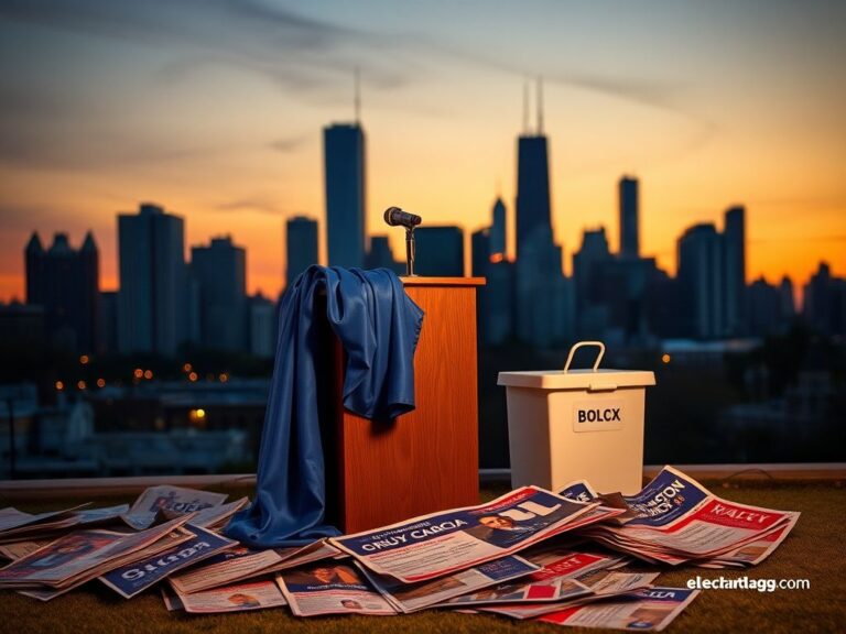 Flick International Dramatic skyline of Chicago at dusk with an empty podium symbolizing rep. Chuy García's decision not to seek re-election