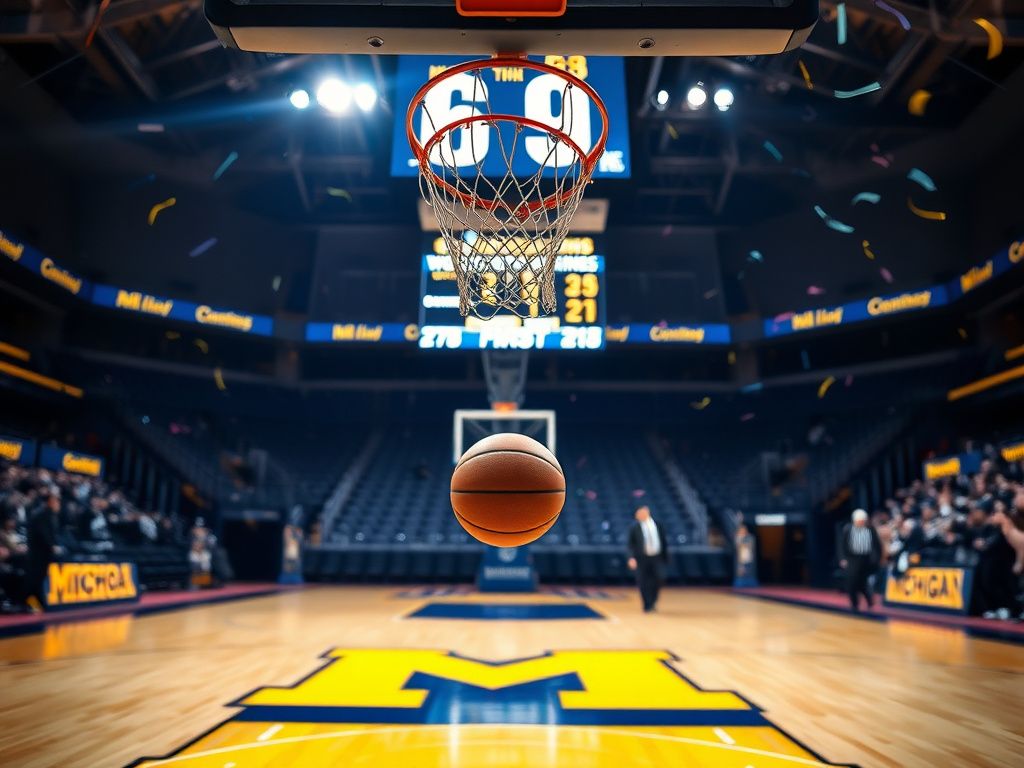 Flick International Basketball hoop with a ball suspended below the net on a vibrant court.
