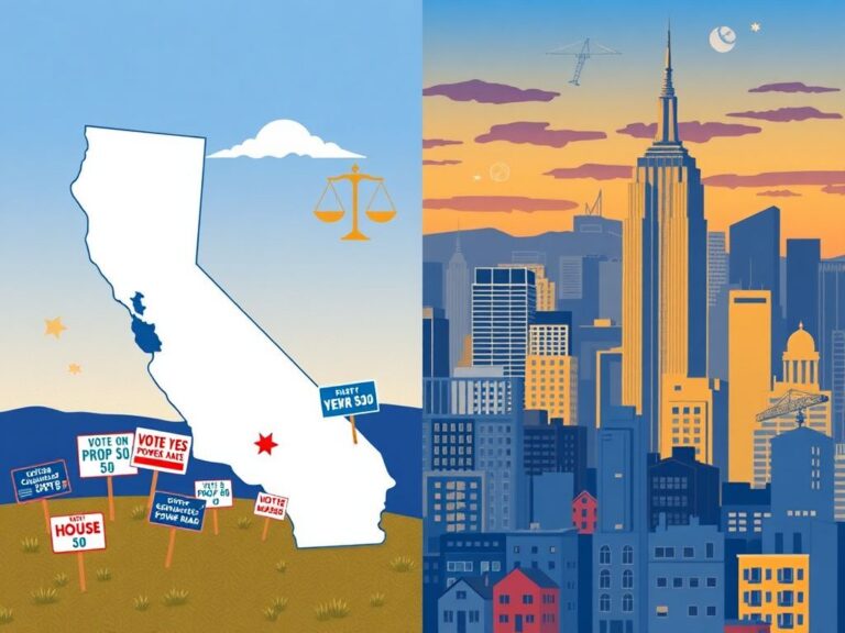 Flick International A split landscape illustrating California and New York City, featuring political themes and housing issues.