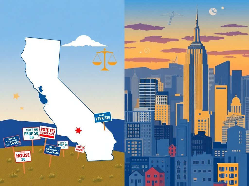 Flick International A split landscape illustrating California and New York City, featuring political themes and housing issues.