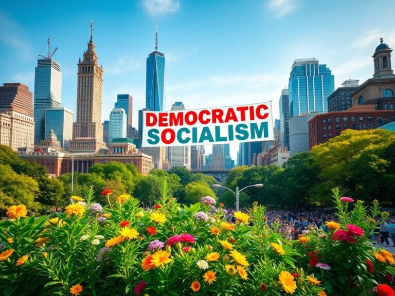Flick International Vibrant urban landscape of New York City with iconic skyline and a banner reading 'Democratic Socialism'