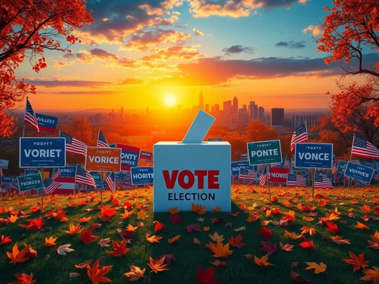 Flick International A vibrant ballot box surrounded by colorful campaign signs in a city skyline at sunset