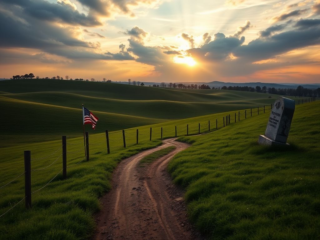 Flick International Serene landscape of Fredericksburg battlefield with rolling green fields and gentle hills at dawn