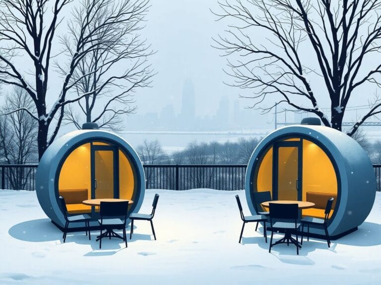 Flick International Outdoor dining pods in a snowy Michigan winter scene reflecting COVID-19 restrictions