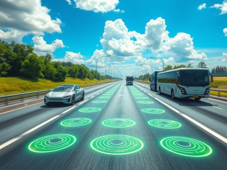 Flick International A futuristic highway with embedded wireless charging coils and electric vehicles gliding silently.