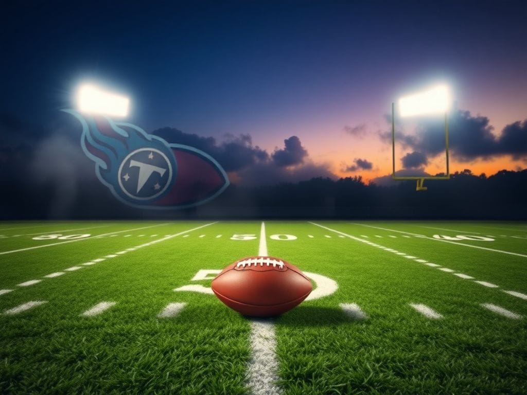 Flick International Dusk scene of a football field with a football on the 50-yard line