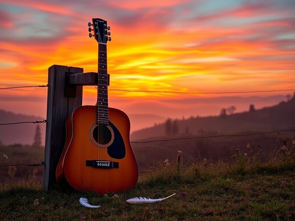 Flick International Tranquil sunset over misty forest with an acoustic guitar symbolizing Grateful Dead's legacy