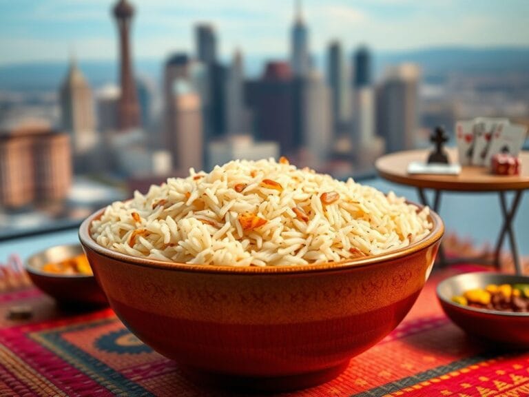 Flick International Close-up of a bowl of rice served on a traditional mat with spices, evoking cultural dining practices.