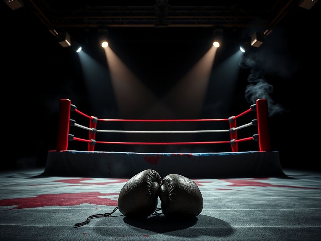 Flick International A dark, ominous boxing ring with stained canvas and worn gloves symbolizing conflict