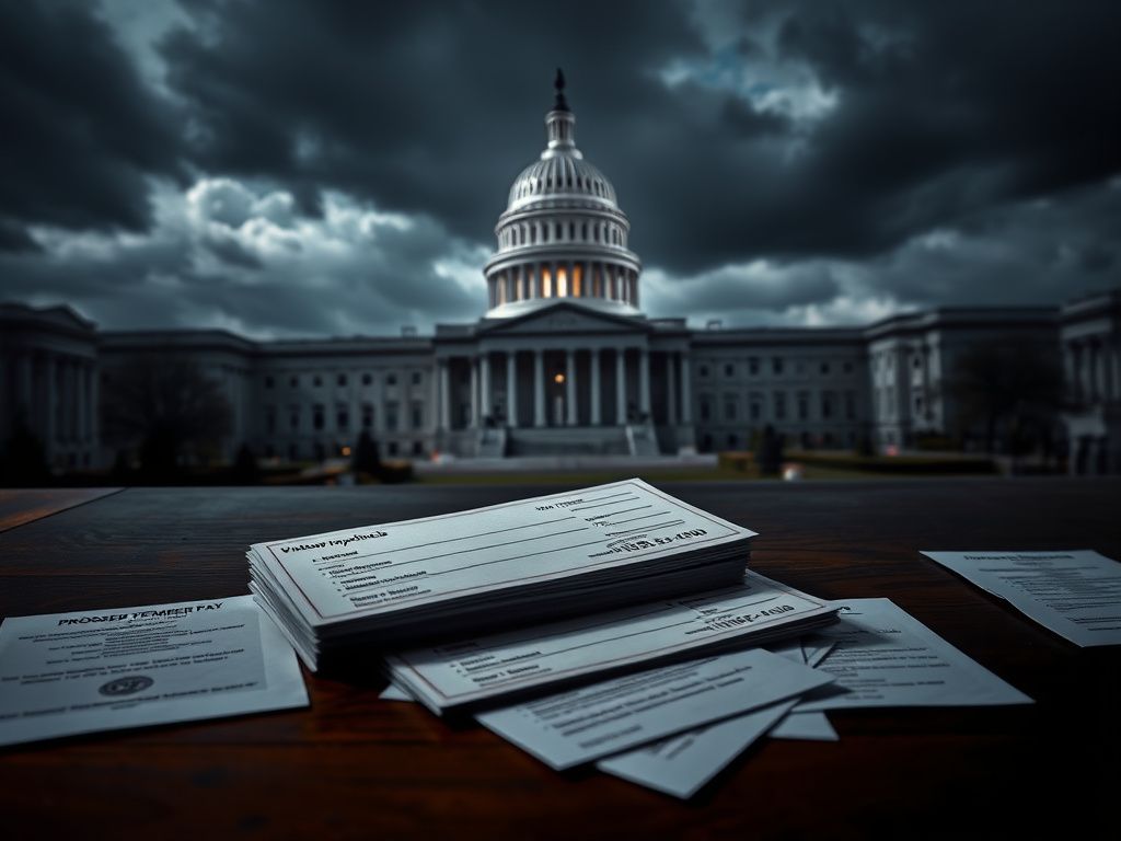 Flick International U.S. Capitol building under dark clouds with empty paychecks on a congressional desk