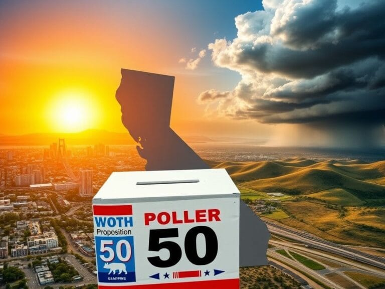 Flick International A birds-eye view of California showcasing its urban and rural landscapes with a ballot box and election posters.