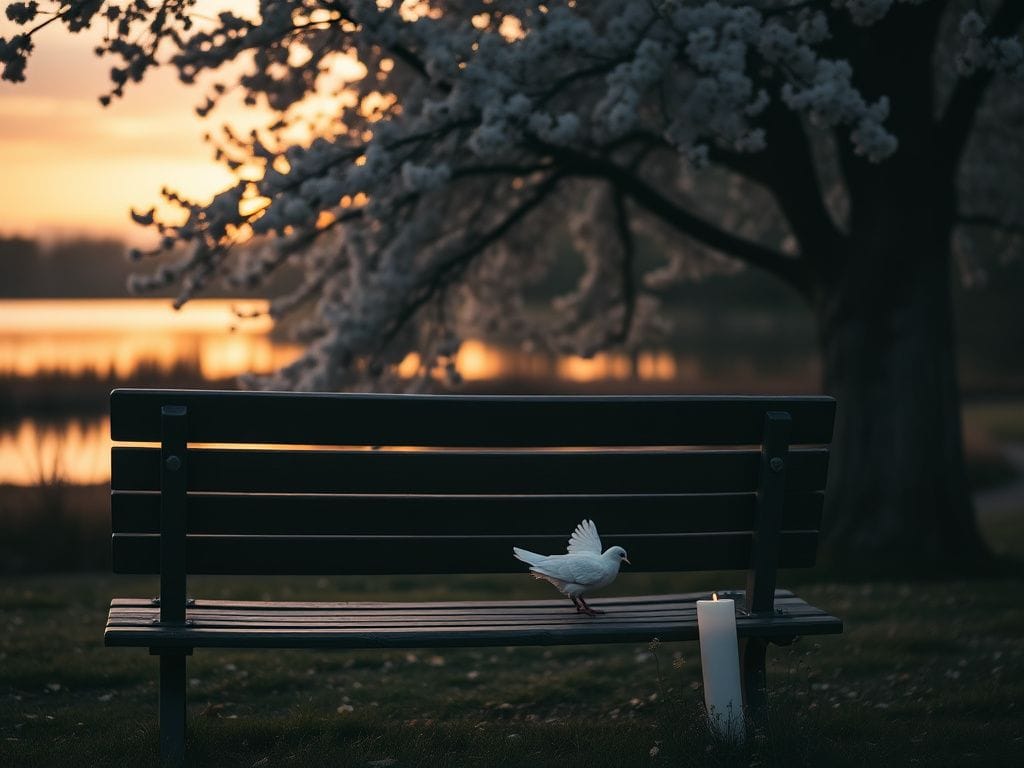 Flick International A peaceful park scene at dusk featuring a weathered wooden bench and blossoming cherry tree