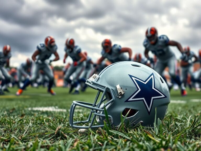 Flick International A Dallas Cowboys helmet on a football field during a chaotic defensive play