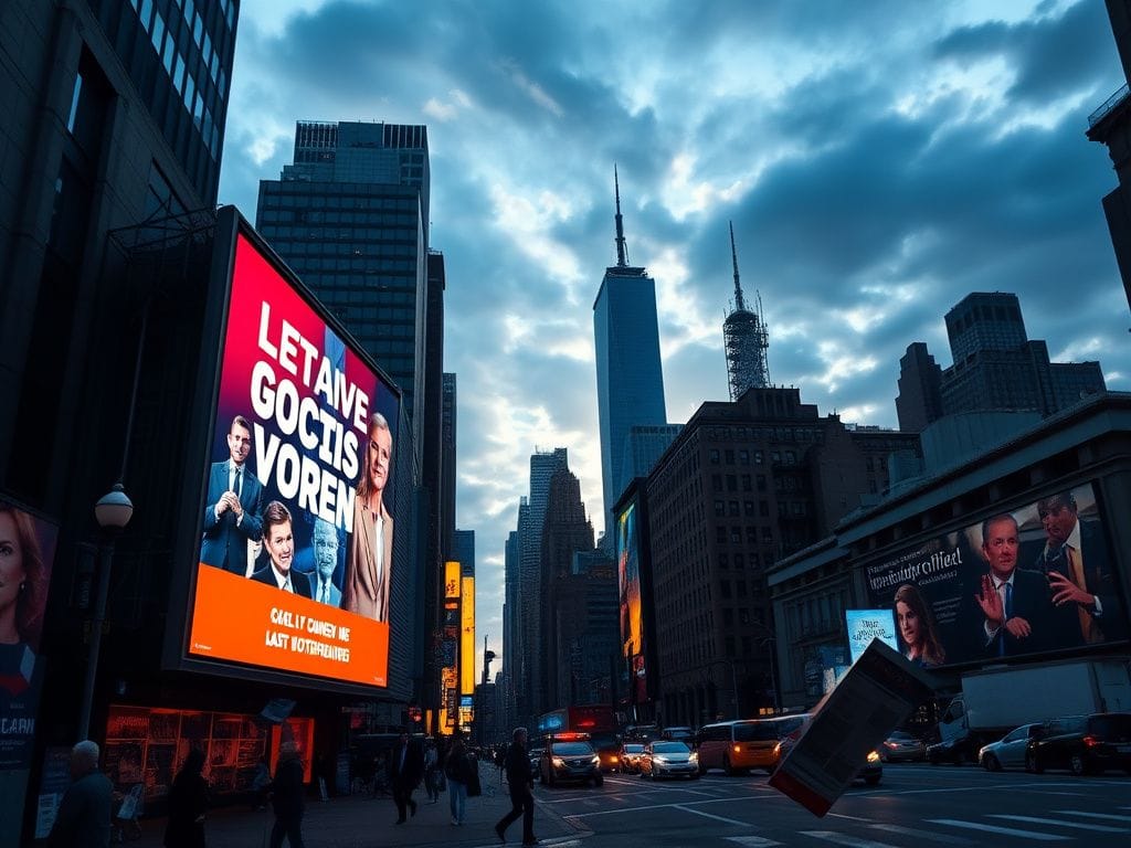 Flick International Bustling New York City scene with campaign ads on a digital billboard