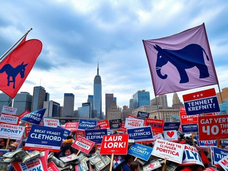 Flick International A vibrant scene at a partially completed campaign rally showcasing political party symbols and campaign signs in an urban setting.