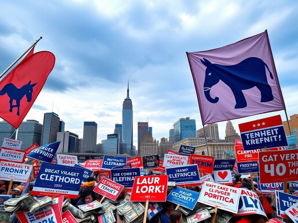 Flick International A vibrant scene at a partially completed campaign rally showcasing political party symbols and campaign signs in an urban setting.
